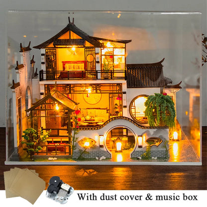 NEW DIY Wooden Doll Houses Japanese Ancient Casa Miniature Building Kits with Furniture Led Dollhouse for Adults Christmas Gifts SS69 95.69 A with dust cover