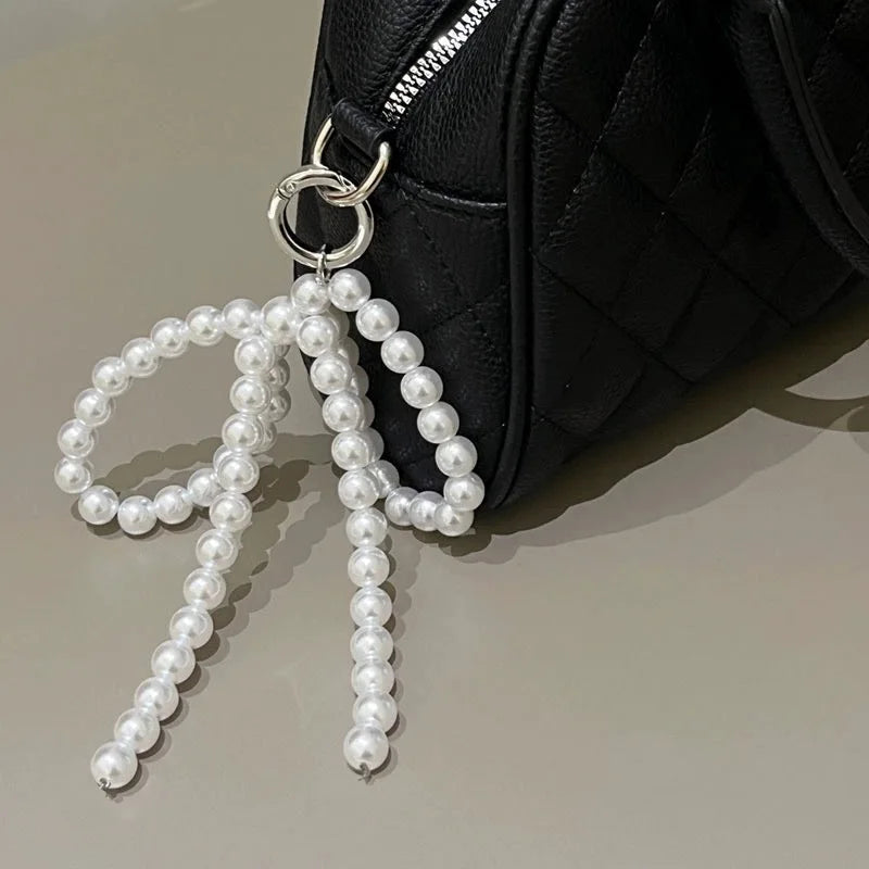 ZAKOL Y2K Korean Cute Beaded Pearl Bowknot Keychain for Women Girls Metal Bow Pendant Bag Decoration Accessories SS69
