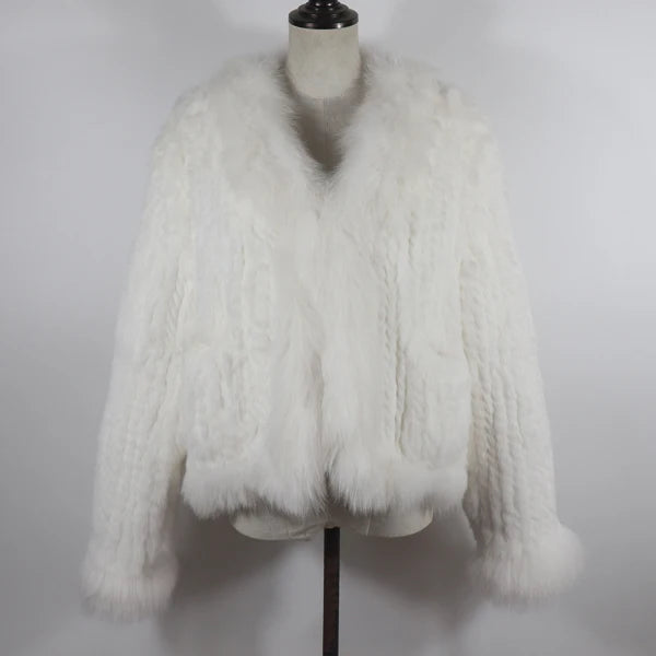 New Women Autumn Winter Knitted Real Rabbit Fur Coat 100% Natural Rabbit Fur Jacket With Fox Fur Collar Overcoat For Female