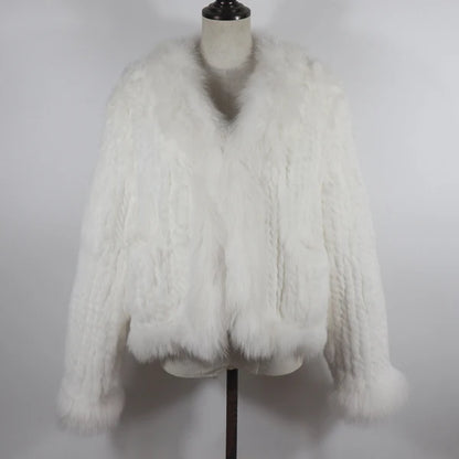 New Women Autumn Winter Knitted Real Rabbit Fur Coat 100% Natural Rabbit Fur Jacket With Fox Fur Collar Overcoat For Female