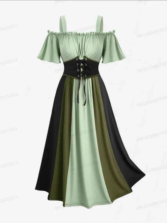 ROSEGAL Plus Size Women's Dress New Cold Shoulder Ruched Ruffles Colorblock Patchwork Lace Up Belted Vintage Corset Dresses Robe