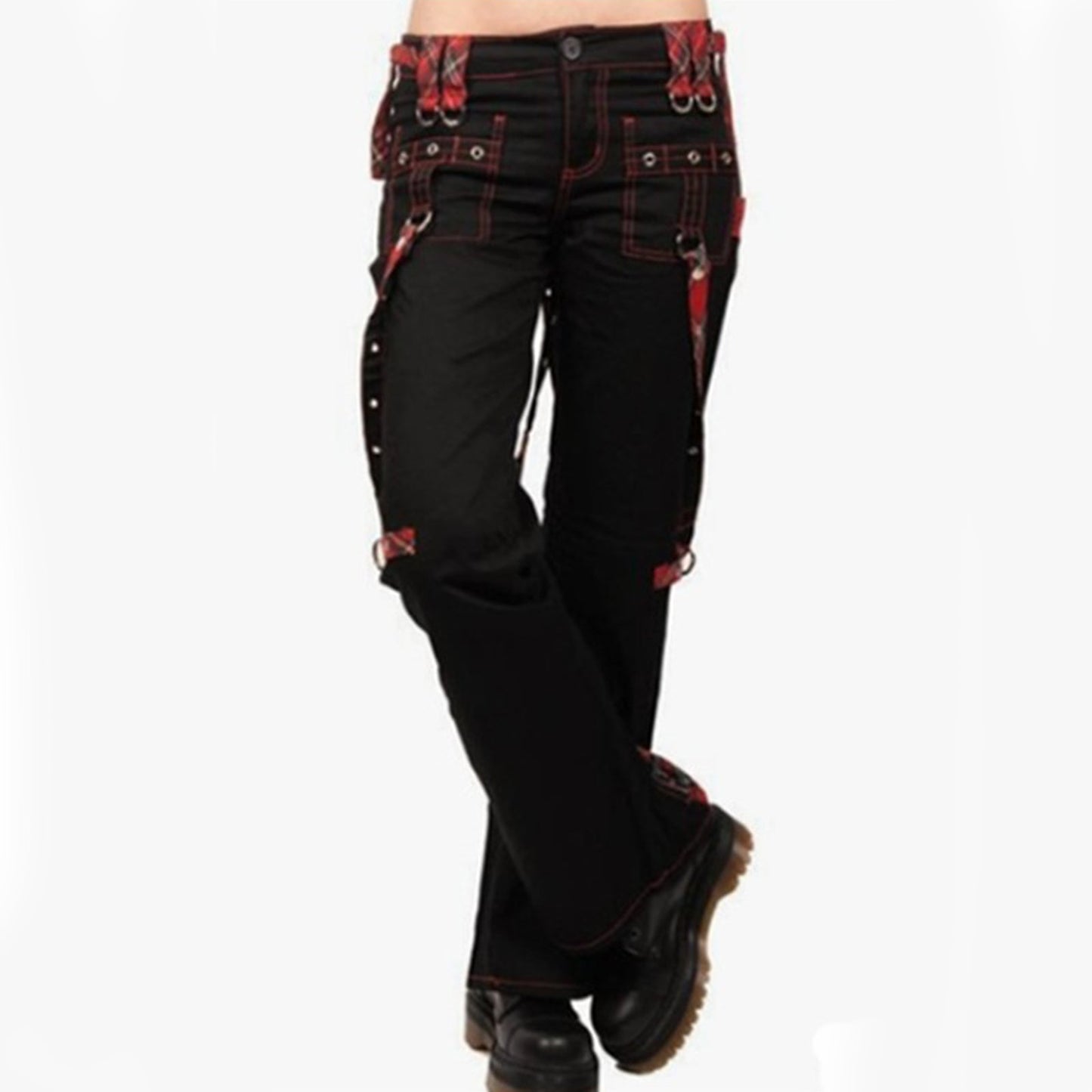 Streetwear Gothic Pants Women High Waist Y2k Punk Harajuku Red Plaid Ribbon Cargo Pants Summer Spring Slim Flare Pants Vintage SS69