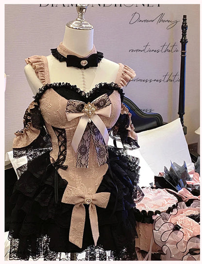 2024 New Spring Summer Ladies Exquisite Lace Skirt Suit Lolita Sweet Womens Black Pink Bow Tube Top Sling Short Cake Skirt Set SS69