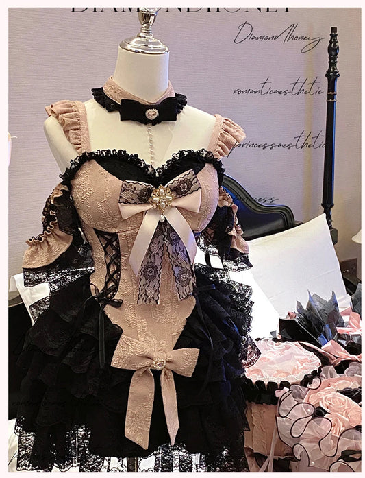 2024 New Spring Summer Ladies Exquisite Lace Skirt Suit Lolita Sweet Womens Black Pink Bow Tube Top Sling Short Cake Skirt Set SS69