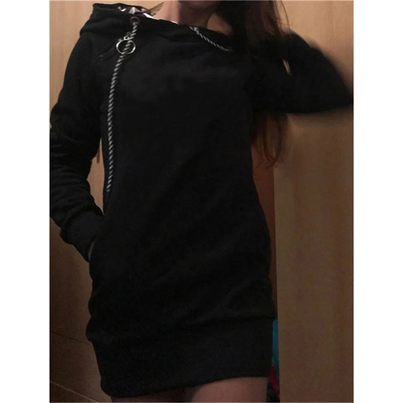 Hoodie Dress Casual Solid Colour Long Sleeve Drawstring Hoodie Dress Slim Hooded Pullover Sweatshirt Dress SS69