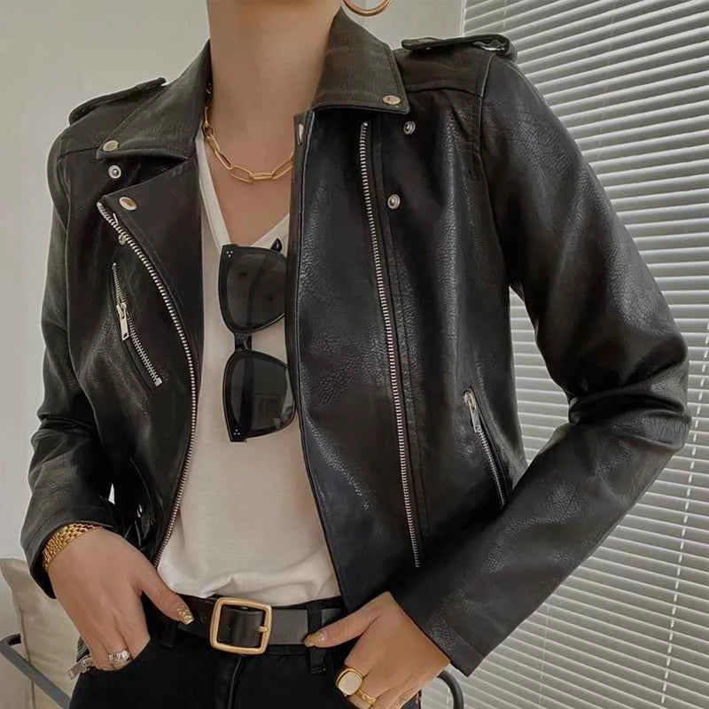 New Leather Jacket Women's Fashion Autumn PU Slim Fit Artificial Leather Motorcycle Coat Black Red Leather Jacket Women