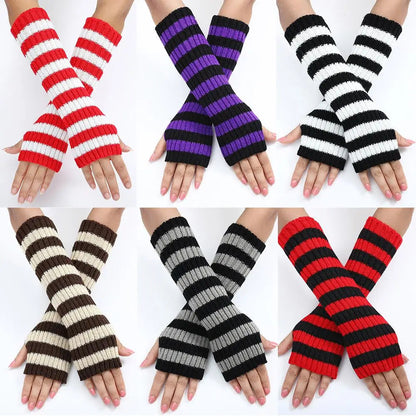 Lolita Striped Women's Knitted Fingerless Arm Sleeves Halloween Gothic Style Long Arm Warmers Girls Punk Striped Elbow Gloves SS69