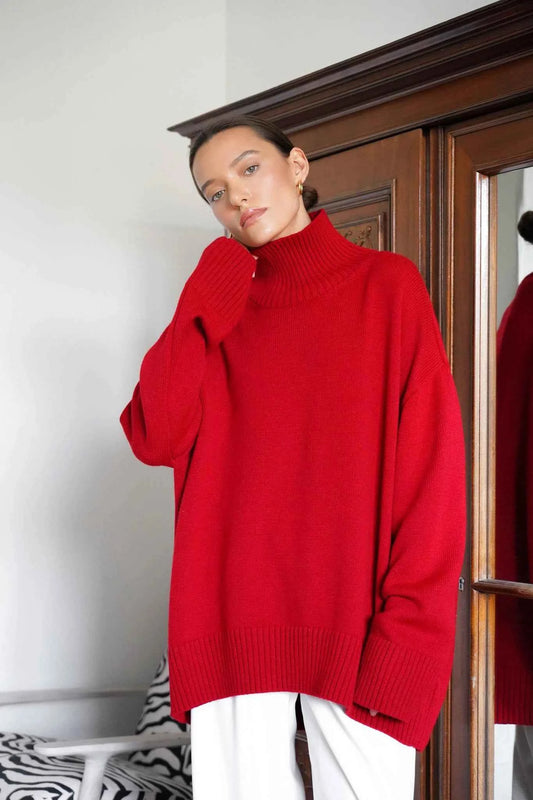 Autumn Women's Knitted Sweater Oversize High Collar Yellow Vintage Pullover Soft Winter Warm Vintage Red Sweaters for Women