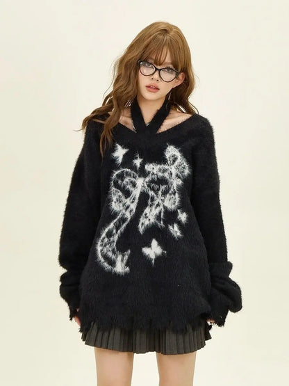 Winter American New Green Bow Neck Sweater Women Loose Print Pattern Vintage High Street Lazy Wind Knitted Sweater SS69