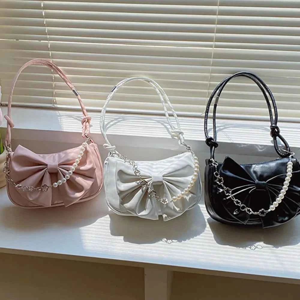 Trendy Pearl Bow Shoulder Bag Underarm Bag Daily Commuting Bag Casual Handbag Solid Business Women's Bag