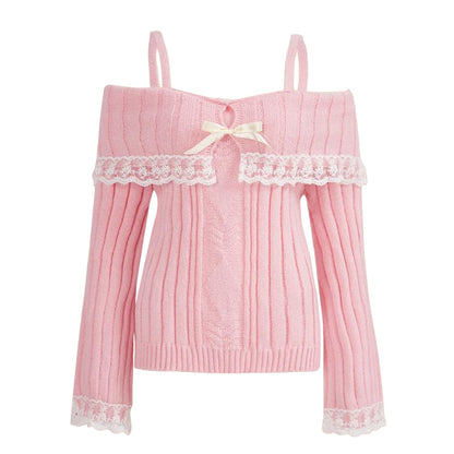 Pretty Cute Outfits Harajuku Cosplay Sweater Kawaii Lace Trim Off Shoulder Pullovers Y2K Aesthetic Vintage Long Sleeve Jumpers SS69