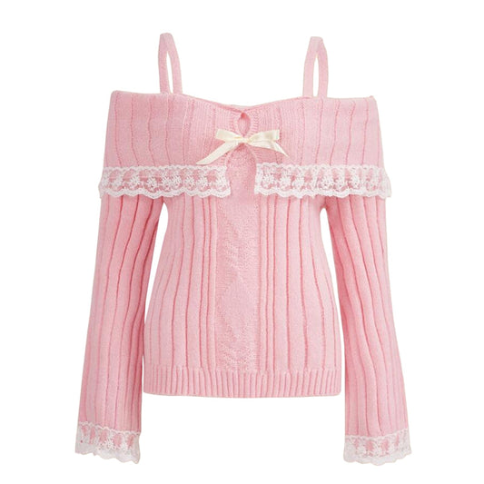 Pretty Cute Outfits Harajuku Cosplay Sweater Kawaii Lace Trim Off Shoulder Pullovers Y2K Aesthetic Vintage Long Sleeve Jumpers SS69