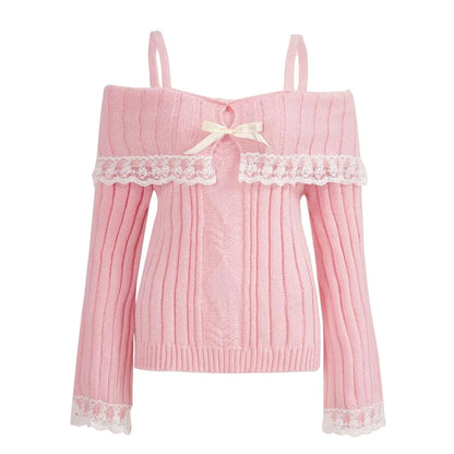 Pretty Cute Outfits Harajuku Cosplay Sweater Kawaii Lace Trim Off Shoulder Pullovers Y2K Aesthetic Vintage Long Sleeve Jumpers SS69 18.69 Type 2 / XL