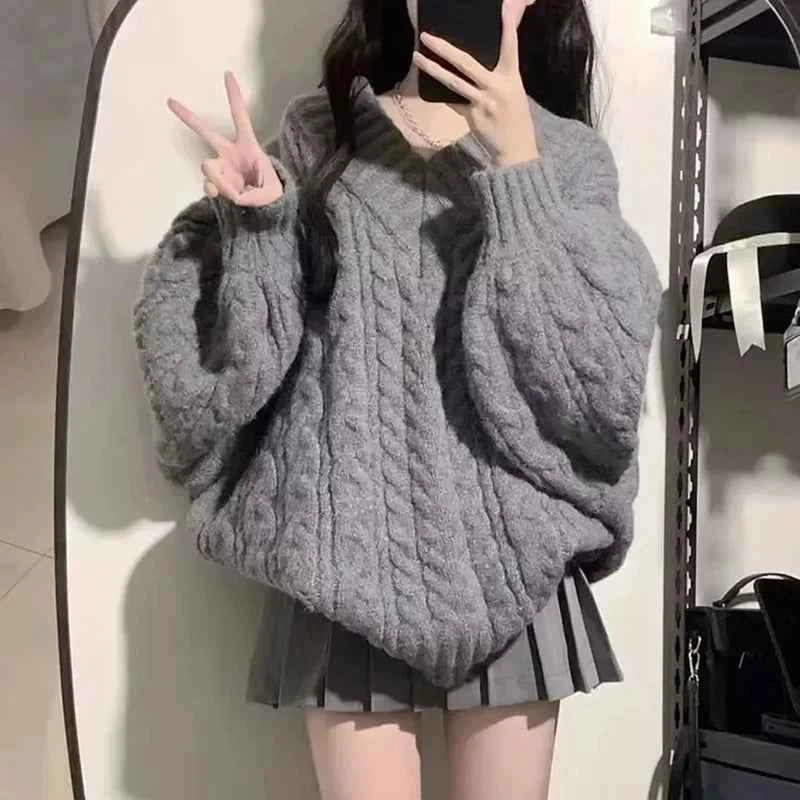 Autumn Winter Women Sweater Harajuku Oversized Knitted Pullovers Korean Long Sleeve V Neck Knitwear Preppy Solid Loose Jumper