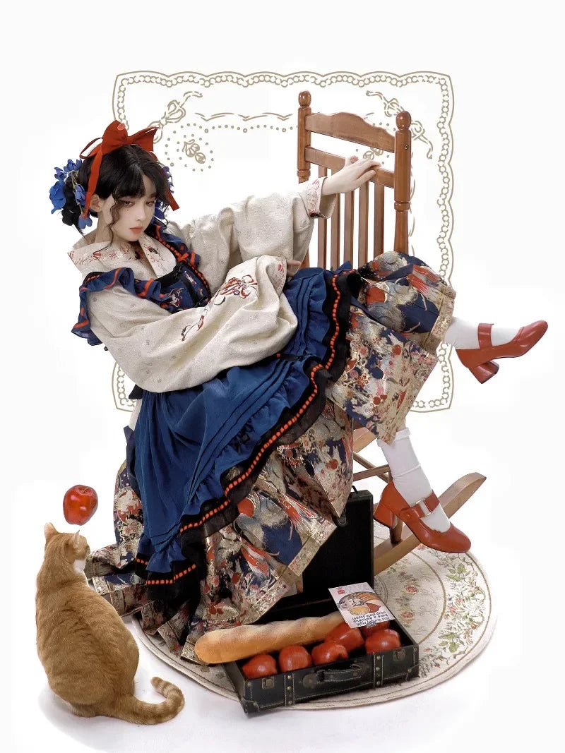 New Spring Chinese Style Female Long-sleeved Weaving Gold Hanfu Dress Set Suit Retro Top Suspender Dress and Pleated Skirt Set