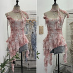 Women's Vintage Tie-dye Printed Mesh Spaghetti Strap Camisole Hot Girl Irregular Ruffled Ribbon Sleeveless Top Partyclub 1185