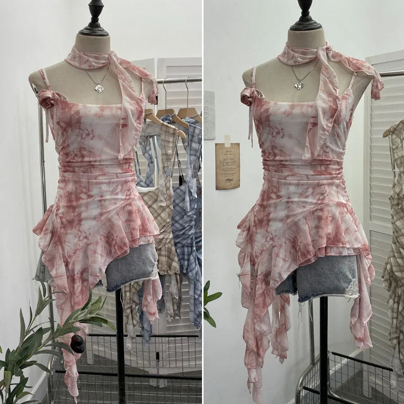Women's Vintage Tie-dye Printed Mesh Spaghetti Strap Camisole Hot Girl Irregular Ruffled Ribbon Sleeveless Top Partyclub 1185