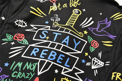 Fashion chain beading leather jacket Locomotive graffiti cartoon pu Leather Jacket female Punk Motorcyle Jacket with belt F2161 SS69