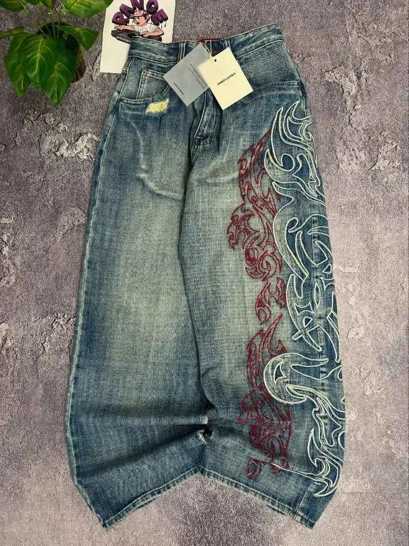 Y2K American New Pattern Embroidery Baggy Jeans Men High Street Vintage Hip Hop Fashion Casual Joker Couple Wide-leg Pants