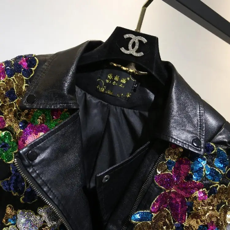 Chic Floral Sequined Embroidery Faux Leather Jacket Short Locomotive PU Coat Diamonds Beaded Turn Down Collar Zippers Streetwear SS69