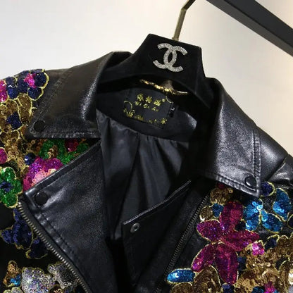Chic Floral Sequined Embroidery Faux Leather Jacket Short Locomotive PU Coat Diamonds Beaded Turn Down Collar Zippers Streetwear SS69