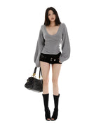 Women's V-Neck Lantern Sleeve Knit Sweater - Autumn/Winter