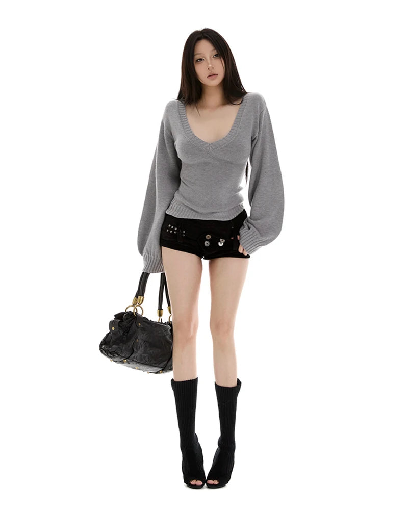 Women's V-Neck Lantern Sleeve Knit Sweater - Autumn/Winter