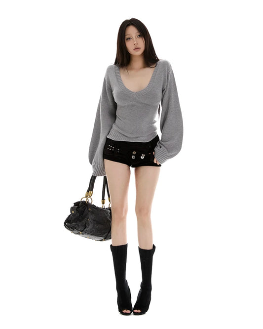 Streetwear Sweater Women Fashion Sexy V Neck Knitted Pullovers Y2K Korean Lantern Long Sleeve Knitwears Autumn Winter Jumpers