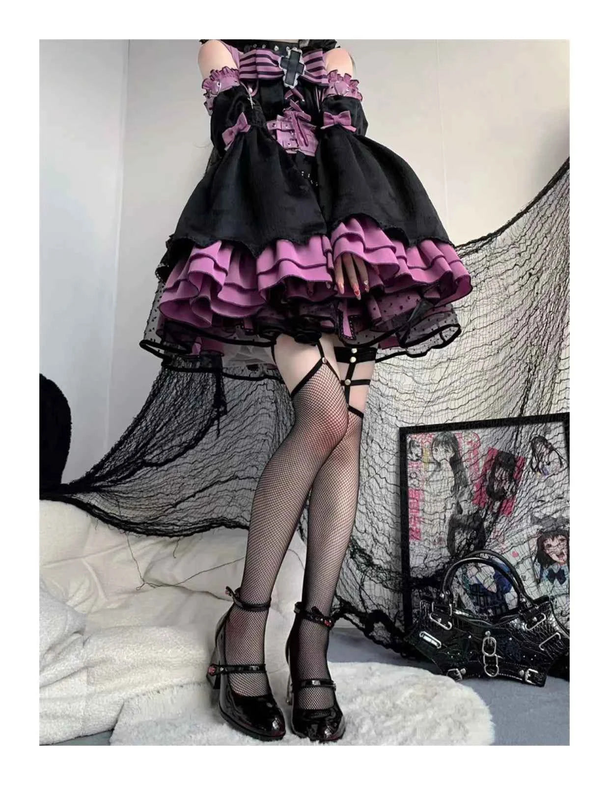 New 2024 Punk Gothic High Heels Pumps Women Rose Heeled Patent Leather Lolita Shoes Woman Y2K Ankle Straps Black Mary Jane Shoes