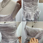 Women's Vintage Tie-dye Printed Mesh Spaghetti Strap Camisole Hot Girl Irregular Ruffled Ribbon Sleeveless Top Partyclub 1185