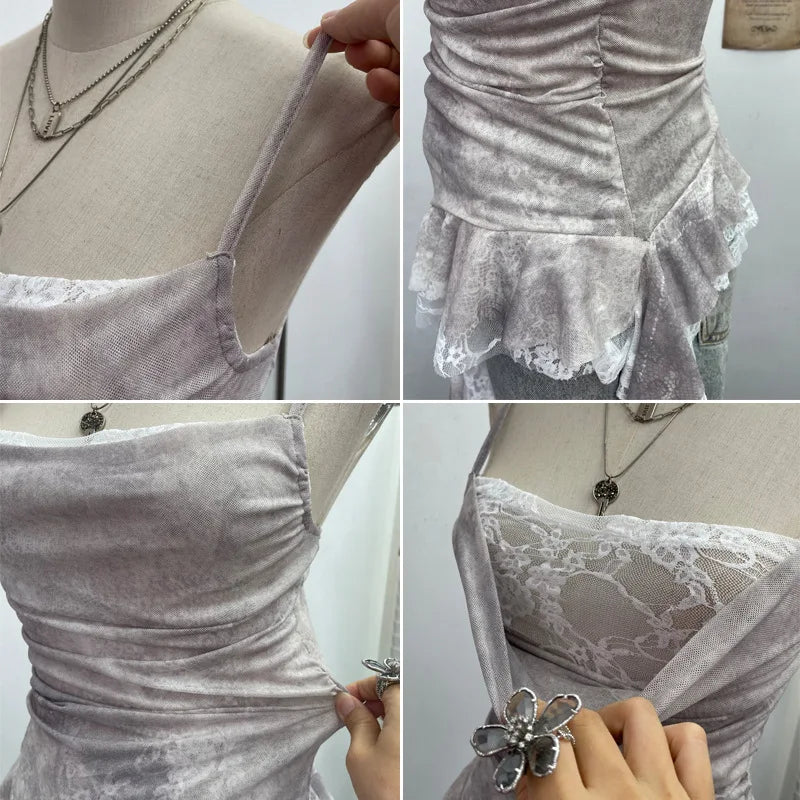 Women's Vintage Tie-dye Printed Mesh Spaghetti Strap Camisole Hot Girl Irregular Ruffled Ribbon Sleeveless Top Partyclub 1185