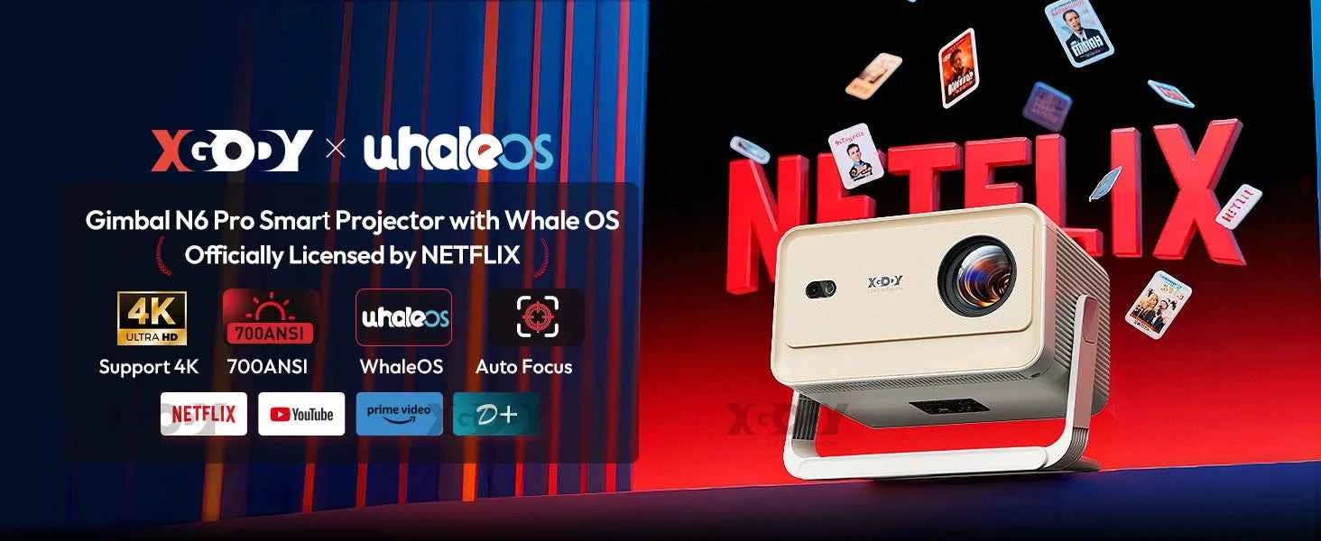 XGODY Gimbal N6 Pro 4K Projector Netflix Officially 700 Ansi Native 1080P Auto Focus Whale OS TV for Movie Home Theater