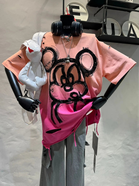 Fashion Heavy Industry Smudge Sequins Cartoon T-shirt Women's Spring and Summer 2025 New Ripped Loose Cotton Short-sleeved Top SS69