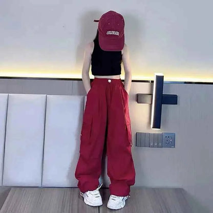 5-14Y Kids Hip Hop Joggers Pants Girls Cargo Pants Teenage Straight Trousers High Waist Vintage Casual Streetwear Baggy Pants