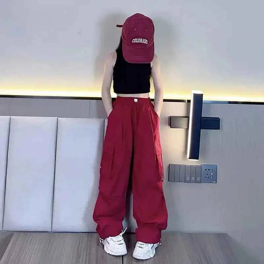 5-14Y Kids Hip Hop Joggers Pants Girls Cargo Pants Teenage Straight Trousers High Waist Vintage Casual Streetwear Baggy Pants