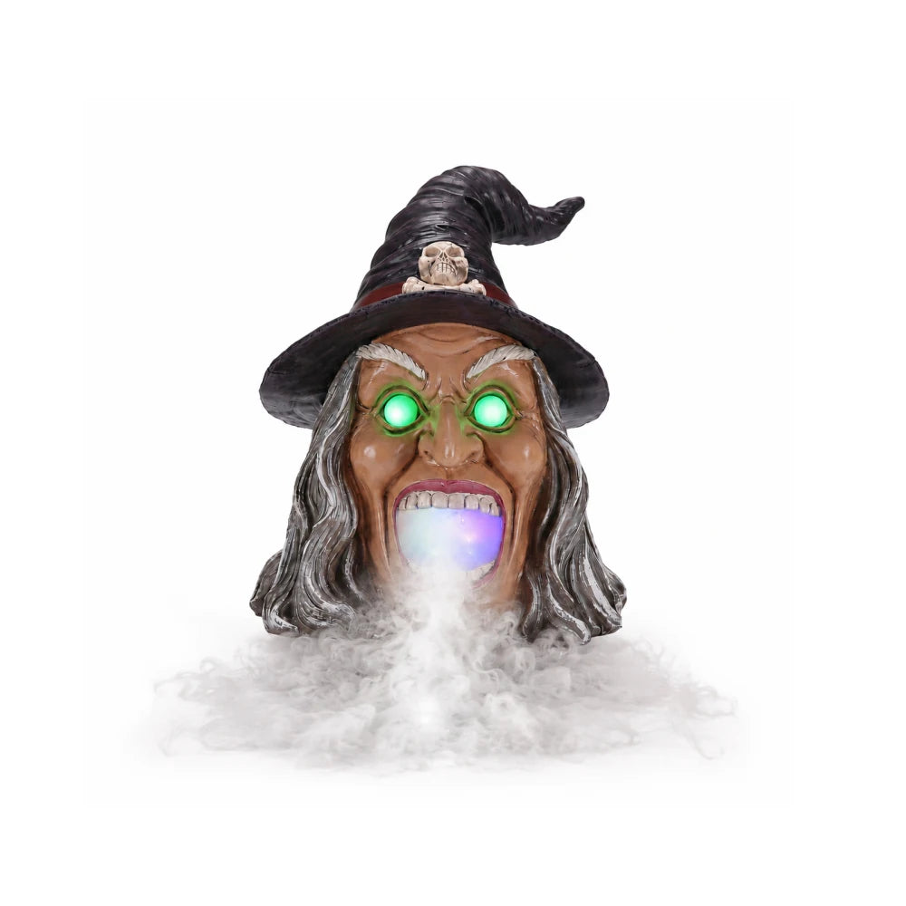 Halloween Witch Head Decor with LED Light and Mist Effect, Spooky Tabletop Decoration with Glowing Eyes