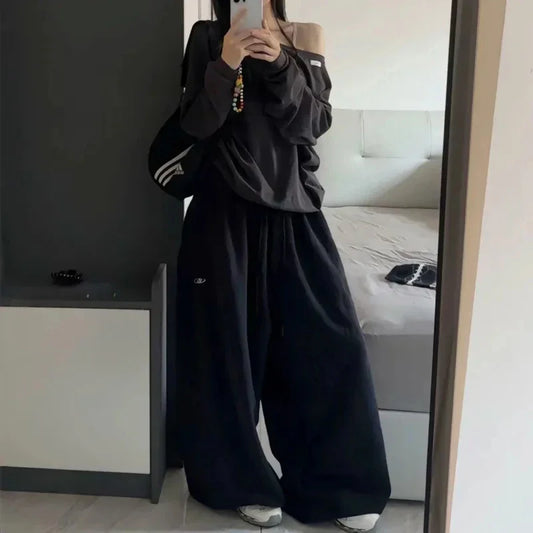 BiggOrange Women's High-Waist Oversized Hip-Hop Sweatpants, Black Wide-Leg