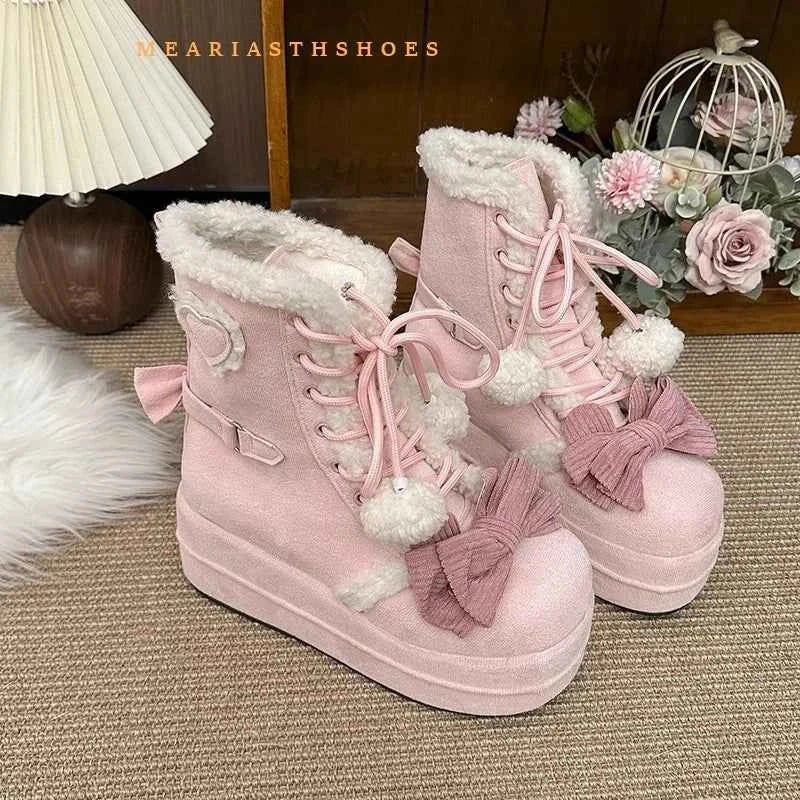 pink Sweet Winter Girls Lolita Mid-Calf Snow Boots,Cute Female Students Plush Warm Bowknots Lace Up Wedge Heel Heightening Shoes