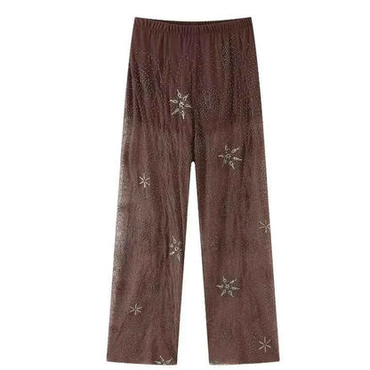 Women Fashion Translucent Sequin Pants Vintage Brown Elastic Waist Straight Trousers Spring Summer Holiday Party Pant