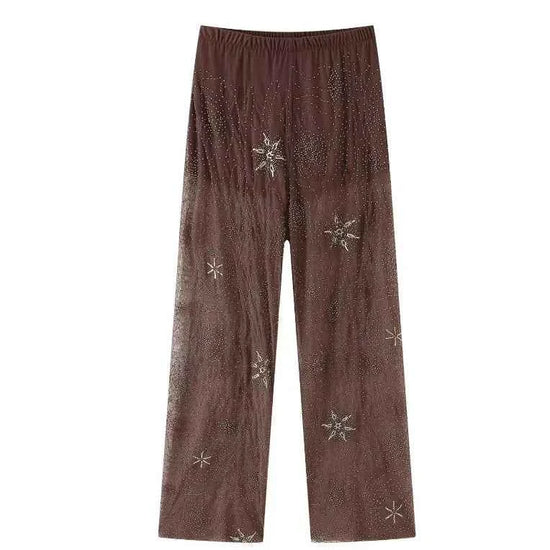Women Fashion Translucent Sequin Pants Vintage Brown Elastic Waist Straight Trousers Spring Summer Holiday Party Pant