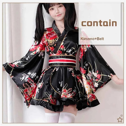 Japanese Kimono Yukata Robes Kawaii Girls Floral Printed Haori Suit Lovely Lolita Dress For Women Maid Cosplay Costume Halloween
