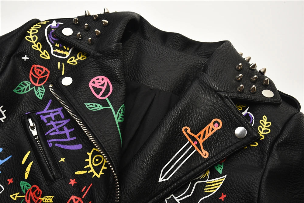 Fashion chain beading leather jacket Locomotive graffiti cartoon pu Leather Jacket female Punk Motorcyle Jacket with belt F2161 SS69