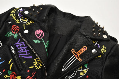 Fashion chain beading leather jacket Locomotive graffiti cartoon pu Leather Jacket female Punk Motorcyle Jacket with belt F2161 SS69