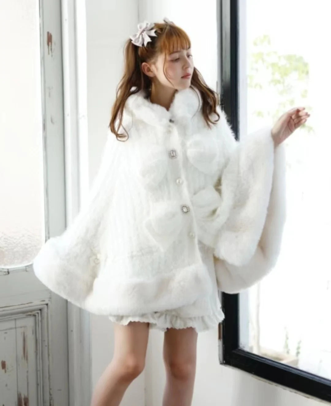 Godivana Lolita Faux Fur Cape Coat with Bow & Rhinestones