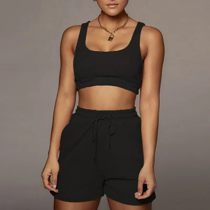 Crop Tops And Drawstring Shorts Set Sexy U-Neck Fitness Tank Top Summer Athleisure Biker Shorts Two Piece Sets Women Streetwear - SS69