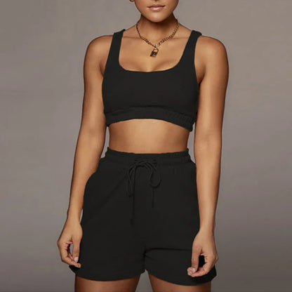 Crop Tops And Drawstring Shorts Set Sexy U-Neck Fitness Tank Top Summer Athleisure Biker Shorts Two Piece Sets Women Streetwear - SS69