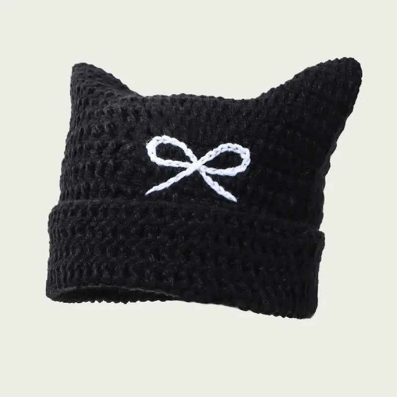 2025 New Hand-Knitted Bow Cat Ear Hooded Cap For Winter Men And Women, Striped Hollowed-Out Knitted Cap, K2y Street Style