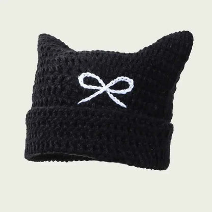 2025 New Hand-Knitted Bow Cat Ear Hooded Cap For Winter Men And Women, Striped Hollowed-Out Knitted Cap, K2y Street Style