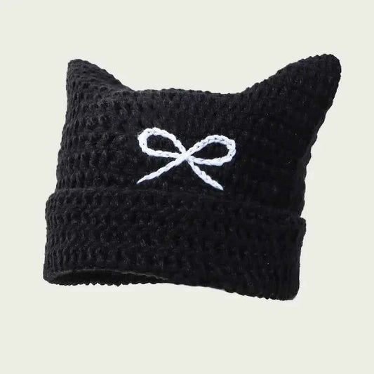 2025 New Hand-Knitted Bow Cat Ear Hooded Cap For Winter Men And Women, Striped Hollowed-Out Knitted Cap, K2y Street Style