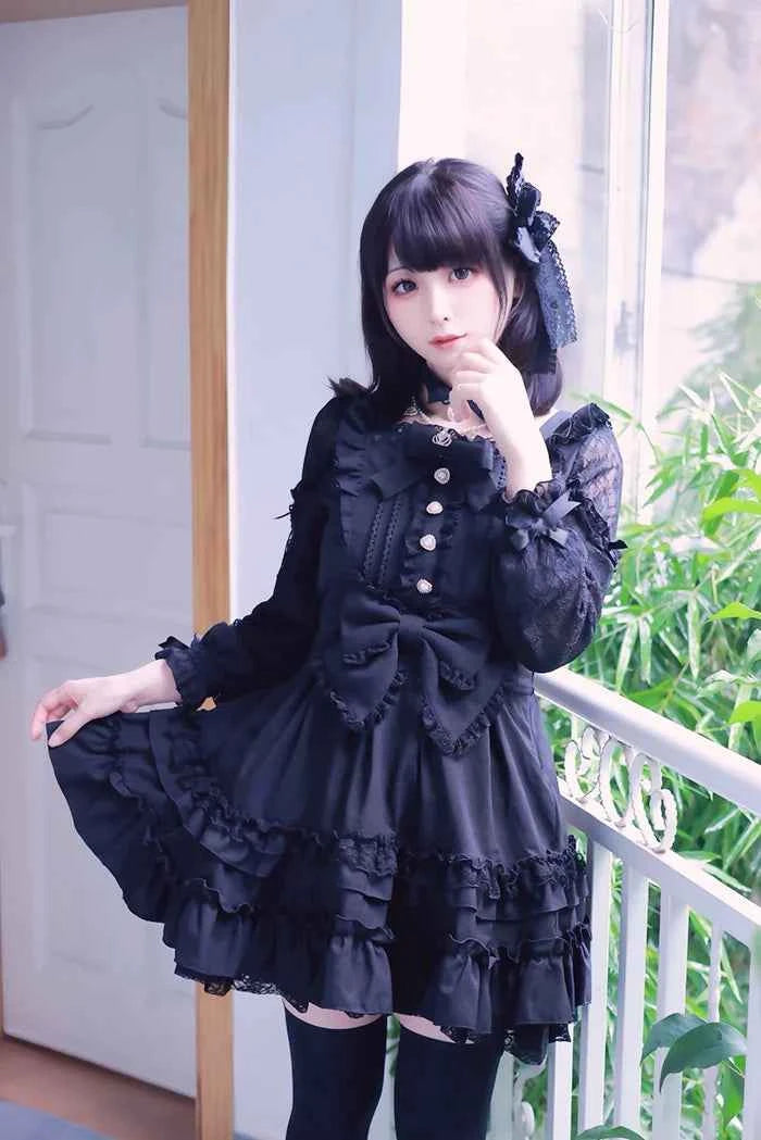 Japanese Liz Dresses Women Autumn New Girl's Sweet Cute Bud Mini Series Mass Production Angel Small Cake Dress Bow Lolita Dress